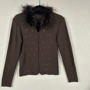 Mesmerize Dark Brown Sweater with Rhinestones and Fur Collar Women's Size L